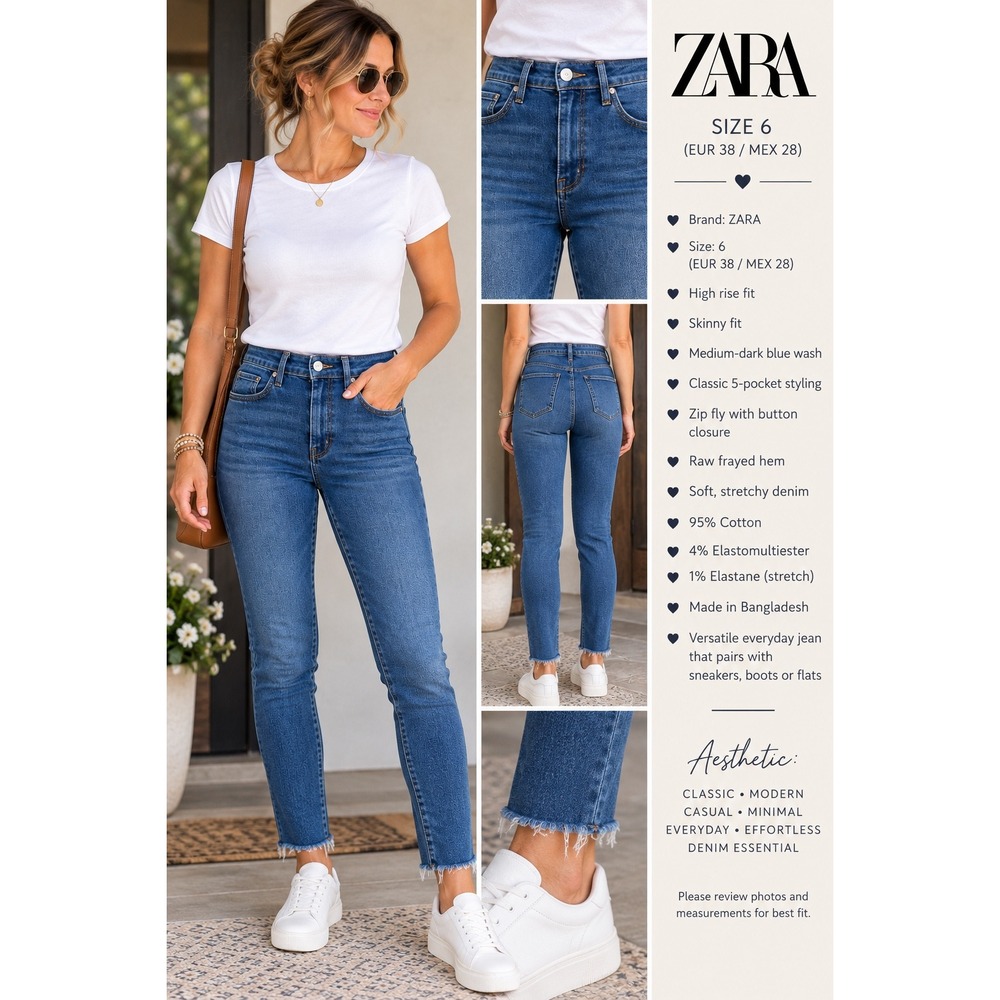 ZARA High Rise Skinny Jeans Size 6 Medium Dark Wash Raw Frayed Hem Stretch